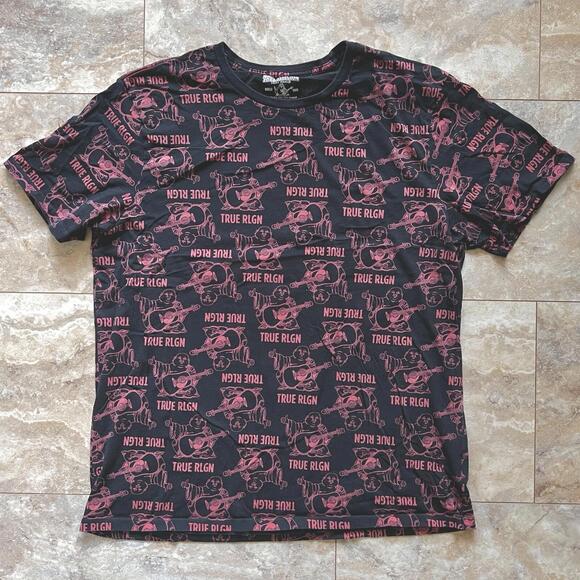 True Religion World Tour T Shirt Buddha AOP All Over Black Red Sz XXL Slim Fit - Picture 1 of 7